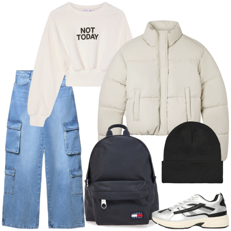 Outfit donna - Niente interrogazione oggi!. Stile Basic per Scuola/Università. Abbinamento con sneakers, jeans, felpe, berretti, bomber, zaini.