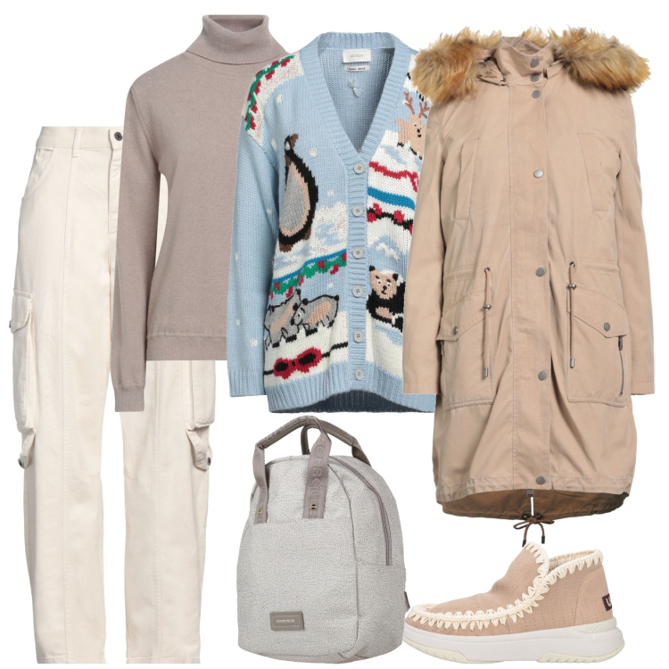 Outfit donna - Freddo polare. Stile Casual per Tutti i giorni. Abbinamento con cardigans, jeans, stivaletti, maglieria, parka, zaini.