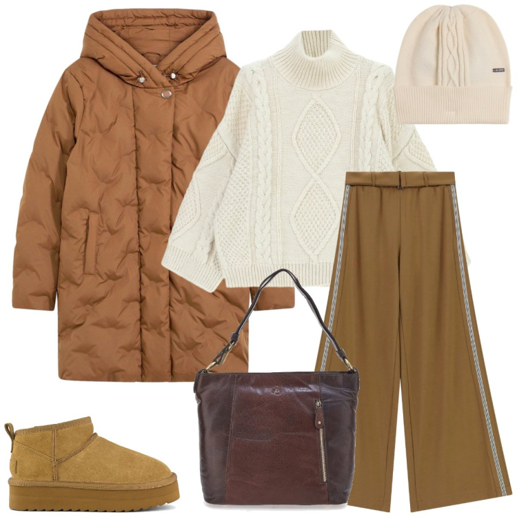 Outfit donna - Total look #2323028. Stile Casual per Tutti i giorni. Abbinamento con giacche, maglieria, pantaloni a palazzo, berretti, stivaletti, borse a spalla.