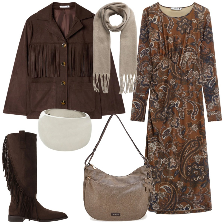 Outfit donna - Total look #2323031. Stile Etnico per Tutti i giorni. Abbinamento con cappotti, sciarpe, vestiti midi/longuette, braccialetti, stivali sopra il ginocchio, borse a spalla.