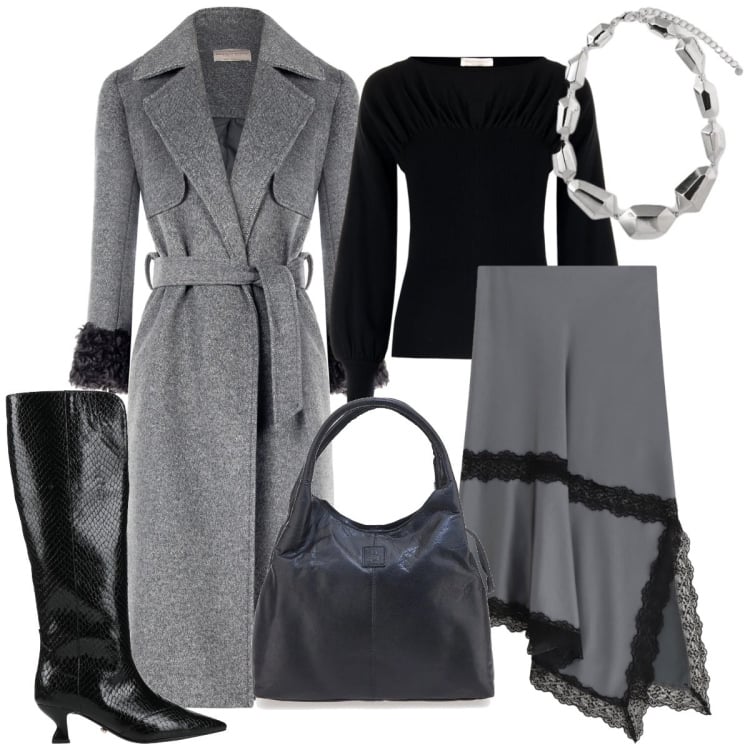 Outfit donna - Total look #2323032. Stile Chic per Tutti i giorni. Abbinamento con stivali, gonne lunghe, cappotti, maglieria, borse a mano, ciondoli.