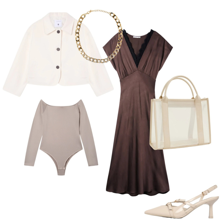 Outfit donna - Casual cremeria. Stile Casual chic per Tutti i giorni. Abbinamento con vestiti lunghi, borse tote, collane, body, blazer, décolleté.