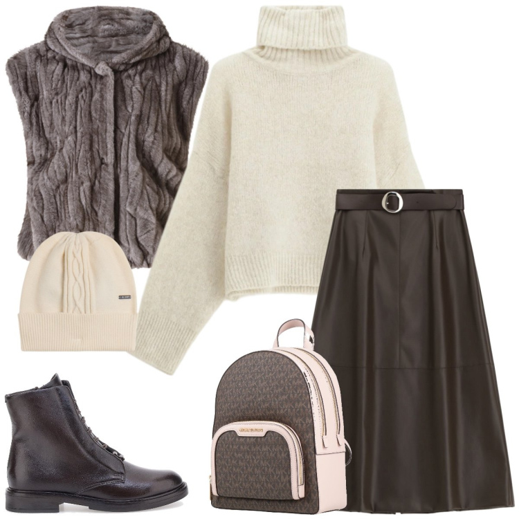 Outfit donna - Total look #2323036. Stile Casual chic per Tutti i giorni. Abbinamento con zaini, maglieria, gonne lunghe, berretti, piumini, anfibi.