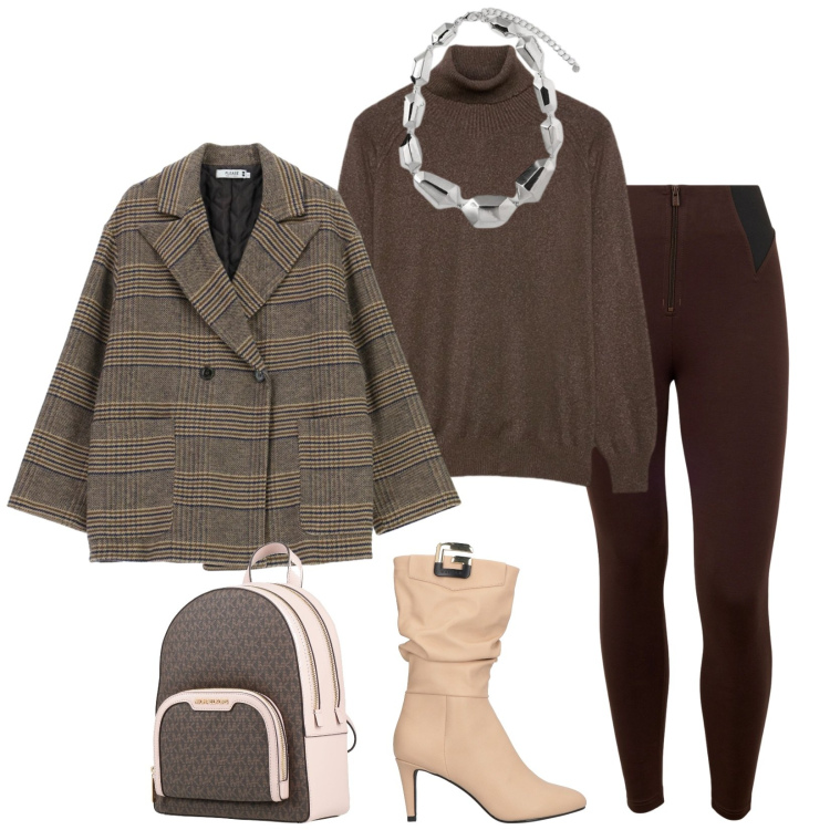 Outfit donna - Total look #2323037. Stile Chic per Tutti i giorni. Abbinamento con stivali, zaini, cappotti, pantaloni skinny, ciondoli, maglieria.