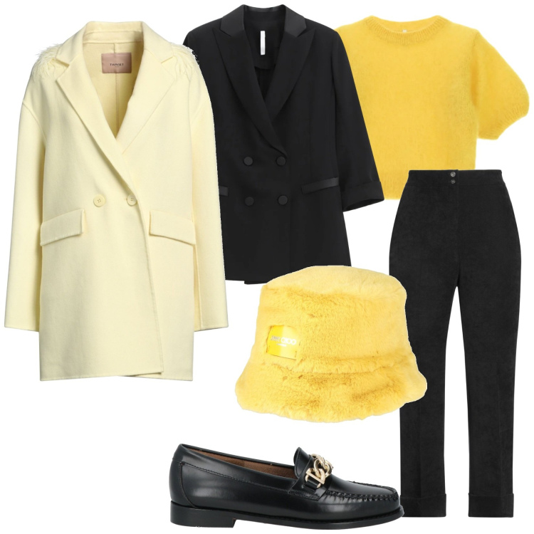 Outfit donna - In ufficio a Copenaghen. Stile Casual chic per Ufficio. Abbinamento con cappelli, pantaloni, cappotti, mocassini, blazer, t-shirt.