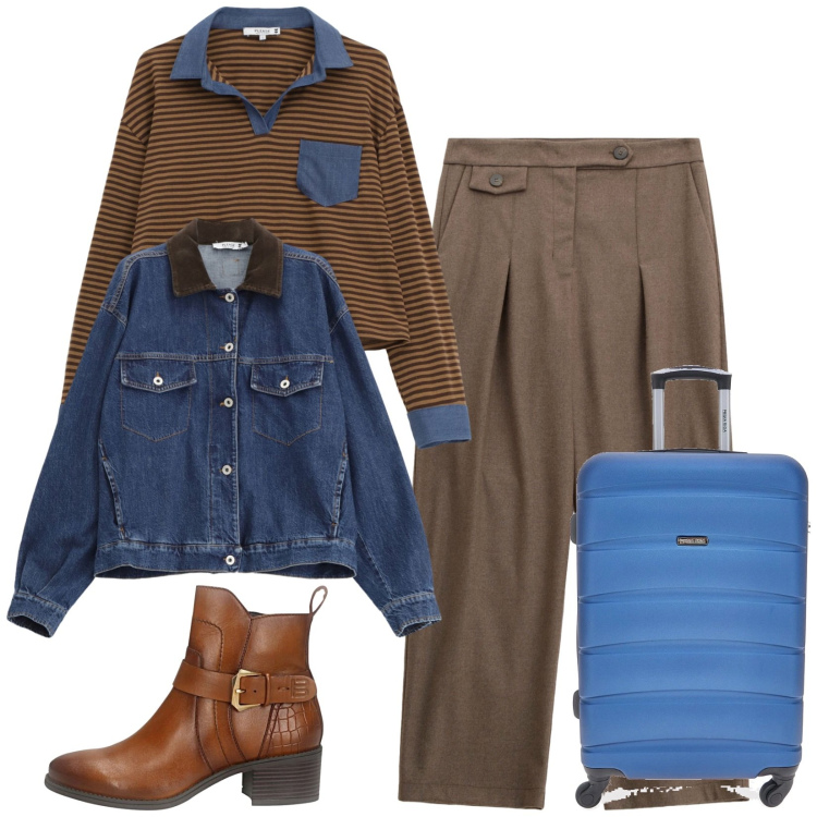 Outfit donna - Total look #2323058. Stile Chic per Tutti i giorni. Abbinamento con pantaloni, t-shirt, blazer, stivaletti, valigie.