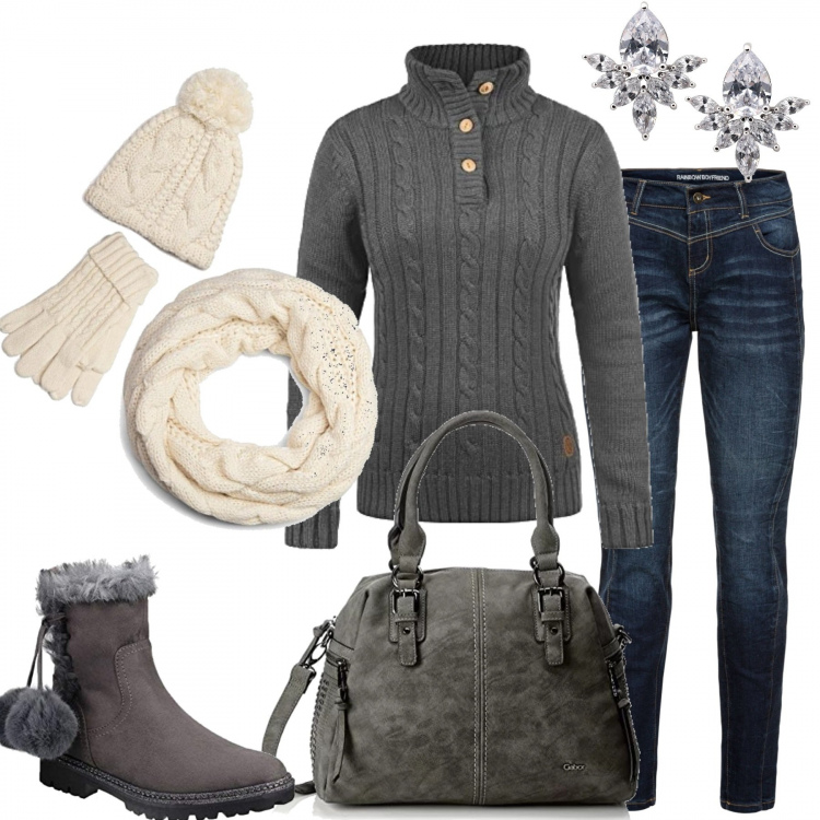 Outfit donna - Brrrrr... Che freddo. Stile Basic per Tutti i giorni. Abbinamento con jeans boyfriend, orecchini con strass e farfallina in oro bianco, maglione in in maglia, stivali da neve grigio, sciarpa, borsa grigio.