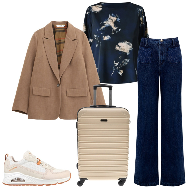 Outfit donna - Total look #2323096. Stile Casual chic per Tutti i giorni. Abbinamento con blazer, jeans, bluse, valigie, sneakers alte.