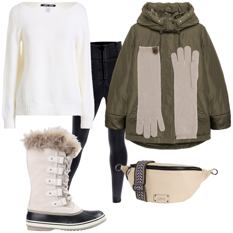 Outfit donna - Artica. Stile Casual per Tutti i giorni. Abbinamento con guanti, marsupi, pullovers, stivali da neve, jeggings, eskimo.
