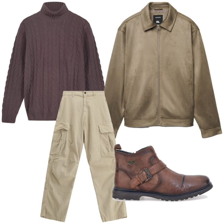 Outfit uomo - Toni brown. Stile Urban per Ufficio. Abbinamento con giacche, pantaloni cargo, stivali e stivaletti, maglieria.