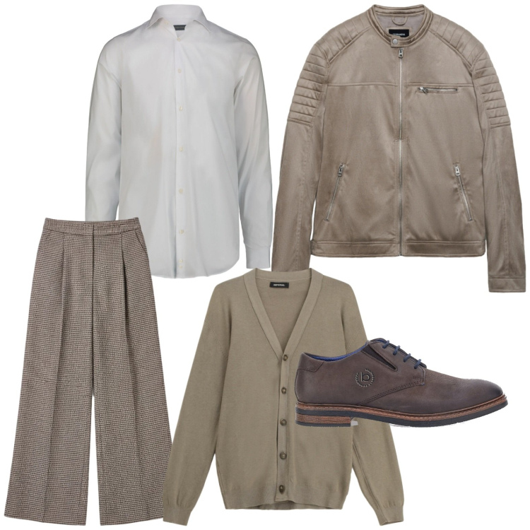 Outfit uomo - Toni neutri. Stile Casual per Ufficio. Abbinamento con giacche, cardigans, pantaloni a palazzo, scarpe stringate, camicie.