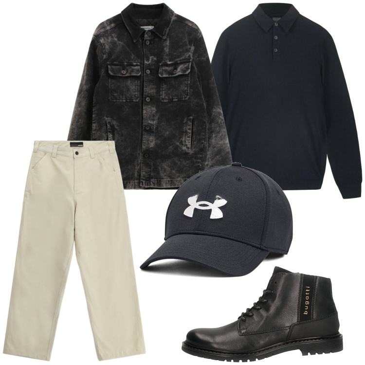 Outfit uomo - Panna e black. Stile Trendy per Tutti i giorni. Abbinamento con pantaloni, cappotti, cappelli, stivali e stivaletti, maglieria.