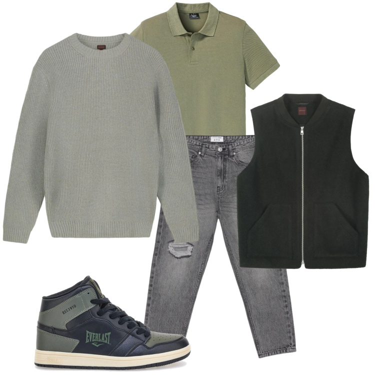 Outfit uomo - Total look #2323167. Stile Casual per Tutti i giorni. Abbinamento con polo, jeans strappati, maglieria, sneakers alte, piumini.