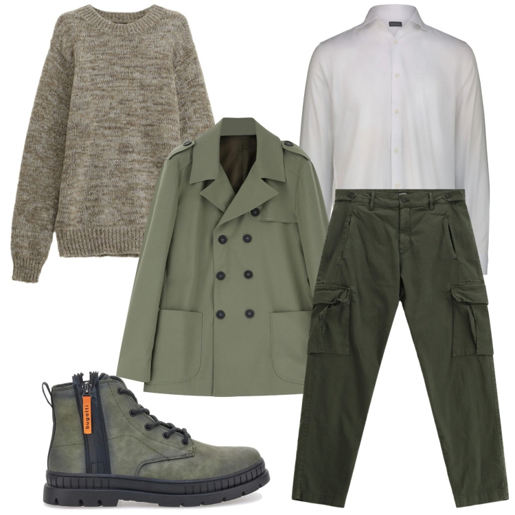 Outfit uomo - La giacca oliva. Stile Trendy per Ufficio. Abbinamento con giacche, pantaloni cargo, maglieria, anfibi, camicie.
