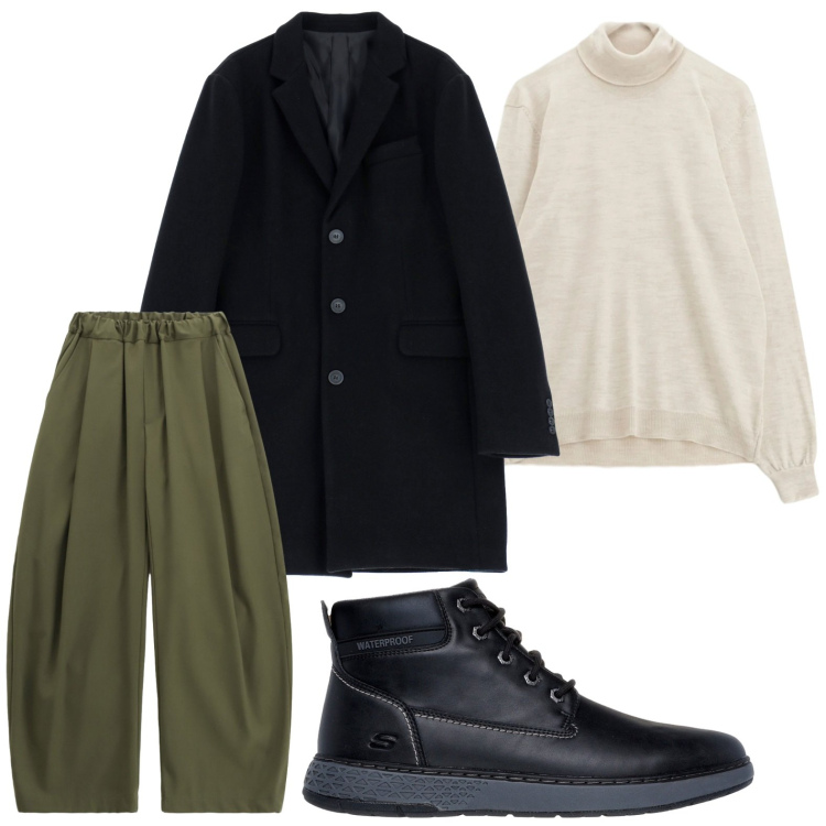 Outfit uomo - Tempo libero. Stile Trendy per Tutti i giorni. Abbinamento con pantaloni, maglieria, cappotti, stivali e stivaletti.