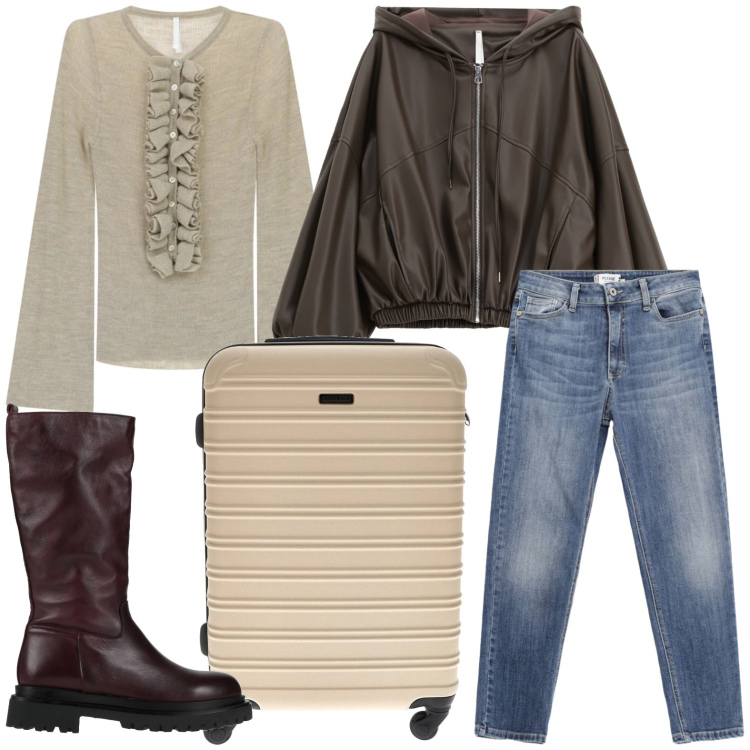 Outfit donna - Un viaggio con le amiche. Stile Minimal per Tutti i giorni. Abbinamento con stivali, jeans skinny, bomber, maglieria, valigie.