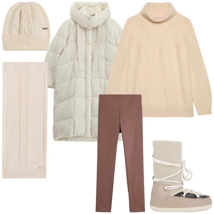 Outfit donna - Passeggiata nella neve. Stile Sporty chic per Tutti i giorni. Abbinamento con stivali da neve, piumini, leggings, berretti, sciarpe, maglieria.