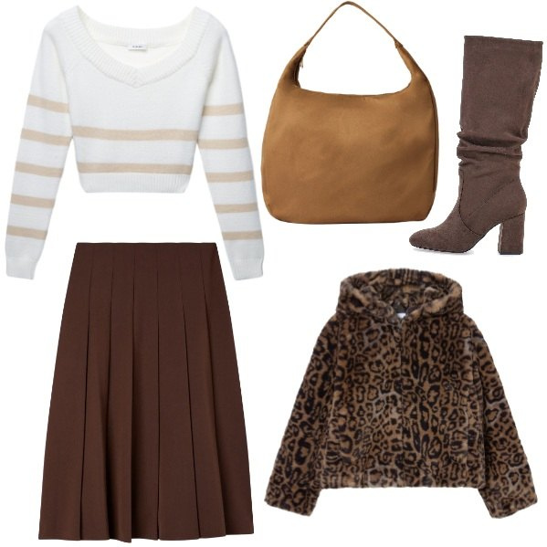 Outfit donna - Saldi. Stile Casual chic per Ufficio. Abbinamento con gonne lunghe, borse a mano, maglieria, ecopellicce, stivali sopra il ginocchio.