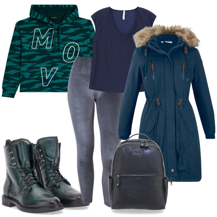 Outfit donna - Total look #2323238. Stile Casual per Tutti i giorni. Abbinamento con parka, top, felpe con cappuccio, pantaloni skinny, anfibi, zaini.