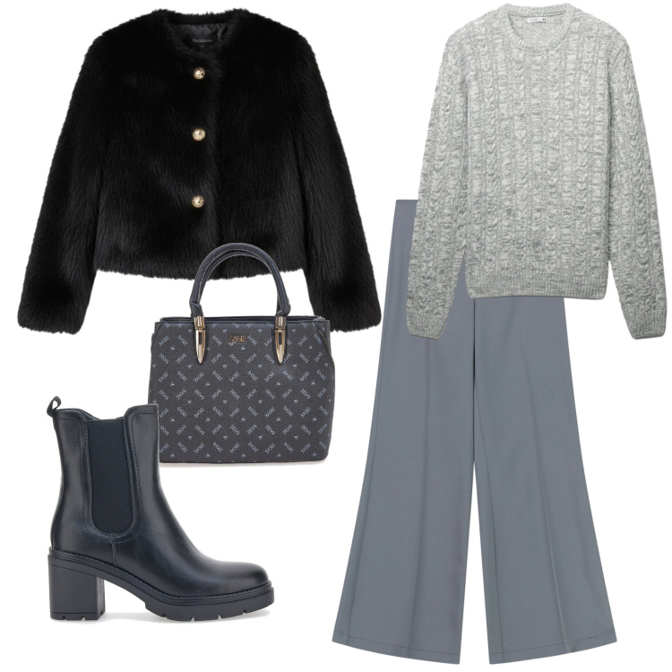 Outfit donna - Elegante da giorno. Stile Casual chic per Tutti i giorni. Abbinamento con pullovers, pantaloni a palazzo, ecopellicce, stivaletti chelsea, borse a mano.