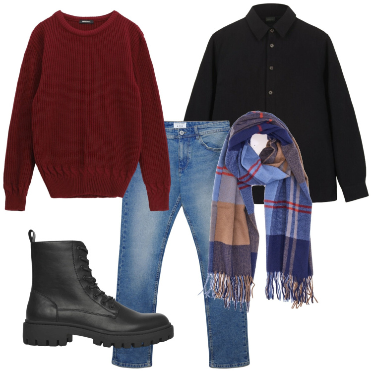 Outfit uomo - Easy day. Stile Casual per Tutti i giorni. Abbinamento con anfibi, jeans dritti, maglieria, sciarpe, cappotti.