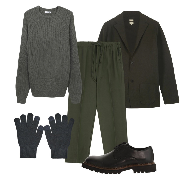Outfit uomo - Casual. Stile Casual per Tutti i giorni. Abbinamento con maglieria, guanti, pantaloni, scarpe stringate, giacche.