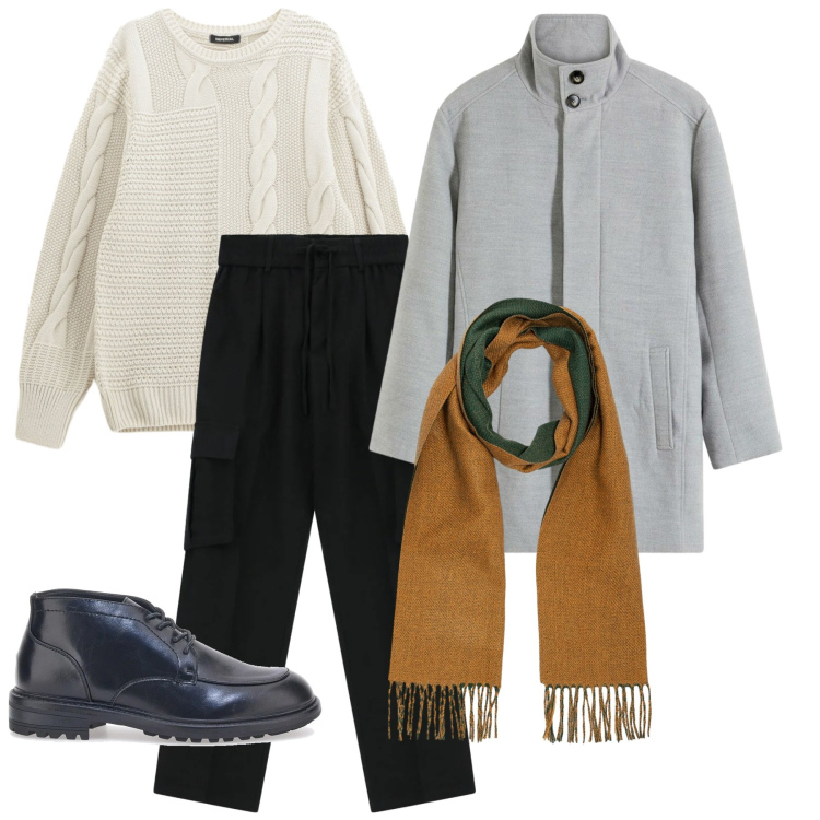 Outfit uomo - Disimpegno e comodità. Stile Trendy per Tutti i giorni. Abbinamento con cappotti, maglieria, pantaloni cargo, scarpe stringate, sciarpe.