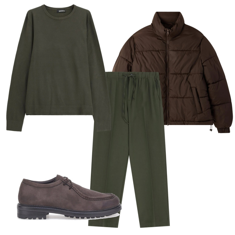 Outfit uomo - Verde e marrone. Stile Casual per Tutti i giorni. Abbinamento con bomber, pantaloni, maglieria, scarpe stringate.