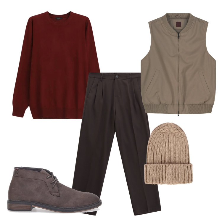 Outfit uomo - Weekend nordico. Stile Casual per Tutti i giorni. Abbinamento con pantaloni, maglieria, scarpe stringate, berretti, piumini.