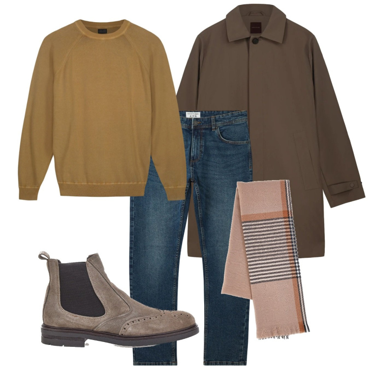 Outfit uomo - Il cappotto con i jeans. Stile Casual per Tutti i giorni. Abbinamento con jeans, maglieria, sciarpe, stivali e stivaletti, trench.