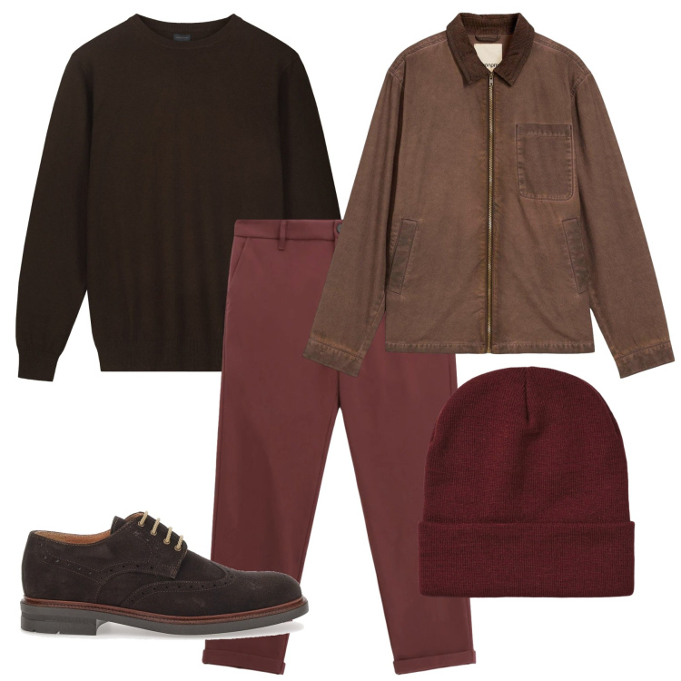 Outfit uomo - Wine and coffee. Stile Casual per Tutti i giorni. Abbinamento con giacche, berretti, pantaloni, scarpe stringate, maglieria.