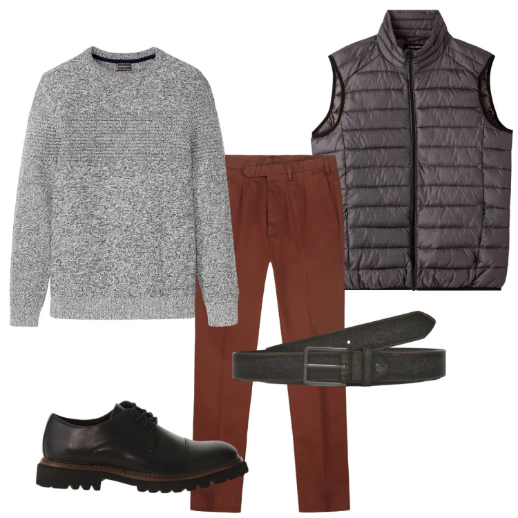 Outfit uomo - Sale e pepe. Stile Casual per Tutti i giorni. Abbinamento con maglieria, cinture, piumini, scarpe stringate, pantaloni.