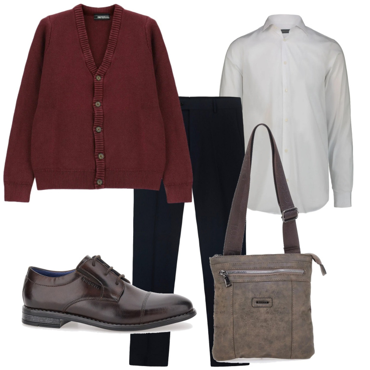 Outfit uomo - Una certa classe. Stile Casual per Serata speciale. Abbinamento con cardigans, scarpe stringate, portafogli, pantaloni, camicie.
