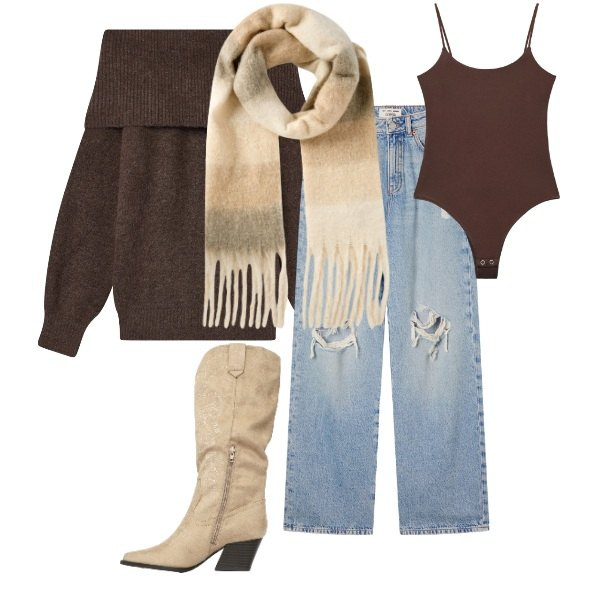 Outfit donna - Terranova - Saldi!. per Tutti i giorni. Abbinamento con maglieria, jeans strappati, top, stivali, sciarpe.