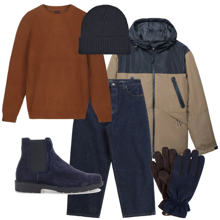 Outfit uomo - Mood nordico. Stile Casual per Tutti i giorni. Abbinamento con berretti, bomber, jeans, stivali e stivaletti, guanti, maglieria.