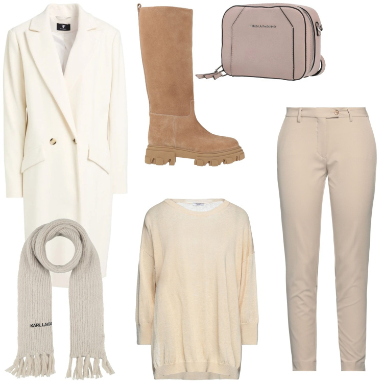 Outfit donna - Il cappotto trendy. Stile Trendy per Tutti i giorni. Abbinamento con marsupi, stivali, cappotti, pantaloni, pullovers, sciarpe.