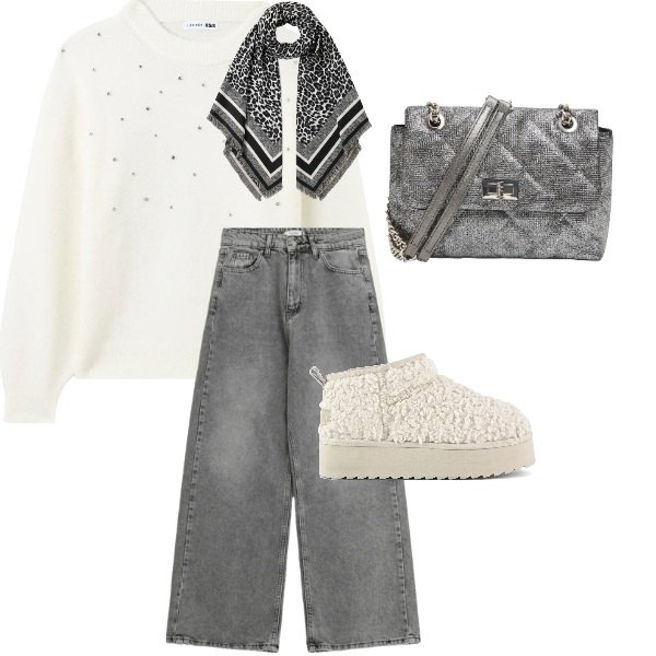 Outfit donna - Winter \'s coming. Stile Trendy per Tutti i giorni. Abbinamento con maglieria, borse a tracolla, jeans, sciarpe, stivaletti.