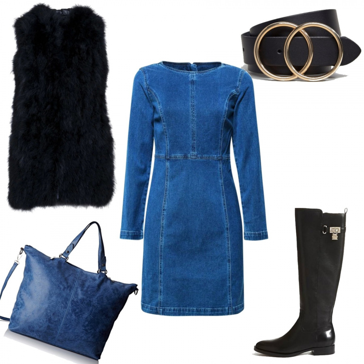 Outfit donna - Stivale e pelliccetta. Stile Trendy per Tutti i giorni. Abbinamento con piumino collo tondo interno imbottito in raso tinta unita, vestito blu, stivali in ecopelle, cintura in denim lunghezza regolabile, borsa a tracolla in denim blu.