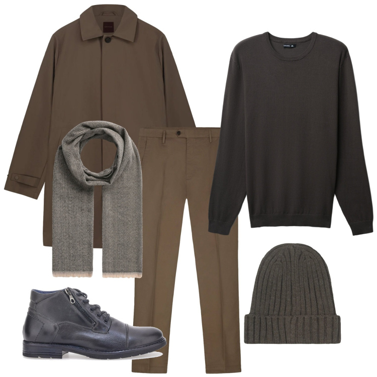 Outfit uomo - Giornata piovosa. Stile Casual per Tutti i giorni. Abbinamento con sciarpe, maglieria, stivali e stivaletti, trench, berretti, pantaloni.