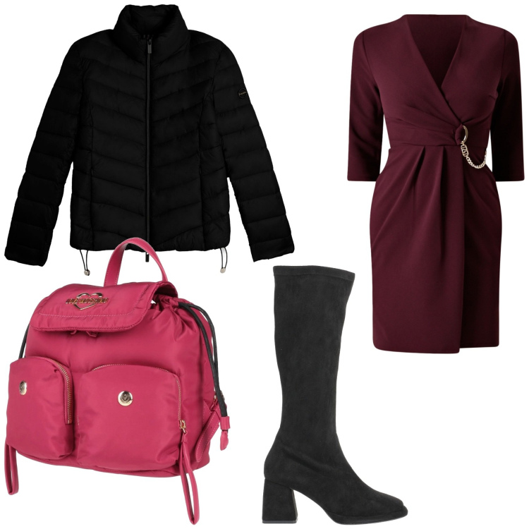 Outfit donna - Vestito e stivali. Stile Chic per Serata fuori. Abbinamento con zaini, stivali, vestiti, piumini.