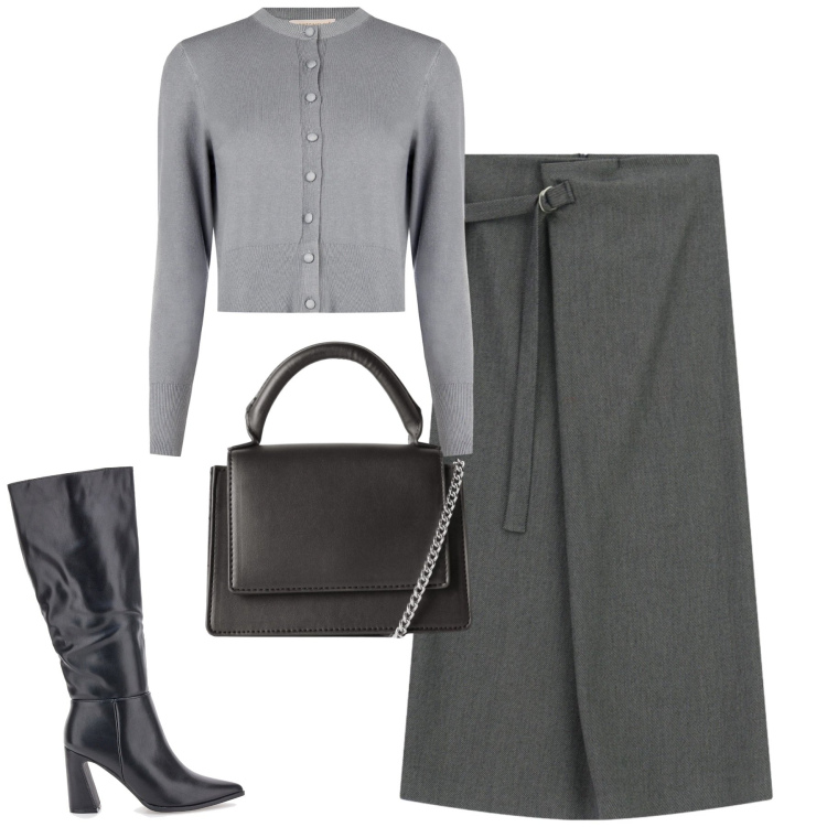 Outfit donna - Gennaio. Stile Urban per Tutti i giorni. Abbinamento con borse a tracolla, gonne lunghe, cardigans, stivali.