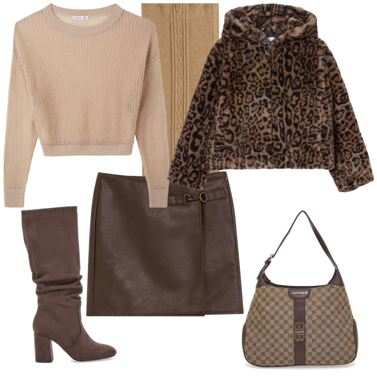 Outfit donna - Total look #2323537. Stile Chic per Ufficio. Abbinamento con gonne, ecopellicce, maglieria, sciarpe, borse a spalla, stivali sopra il ginocchio.