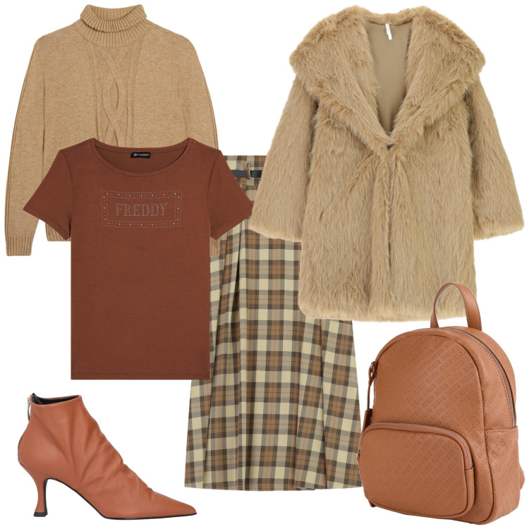 Outfit donna - Total look #2323545. Stile Casual chic per Ufficio. Abbinamento con stivaletti, zaini, ecopellicce, gonne lunghe, maglieria, t-shirt.