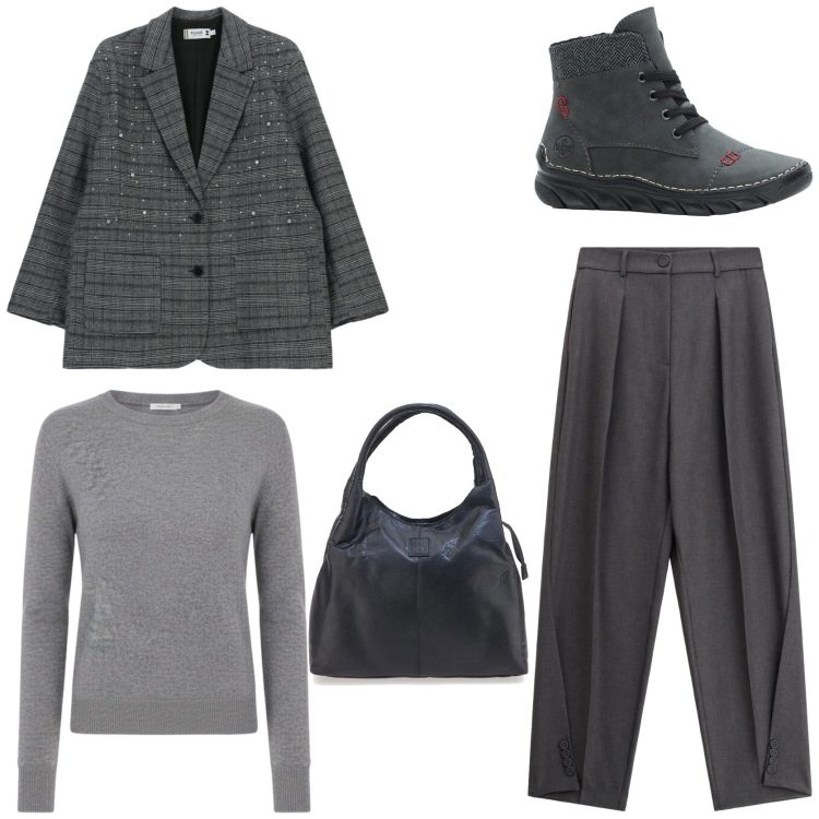 Outfit donna - Look basic in ufficio. Stile Basic per Ufficio. Abbinamento con stivaletti, blazer, pantaloni, maglieria, borse a mano.