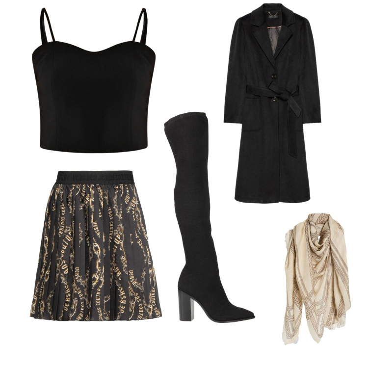 Outfit donna - Brrr che freddo. Stile Casual chic per Serata fuori. Abbinamento con minigonne, sciarpe, stivali sopra il ginocchio, top, cappotti.