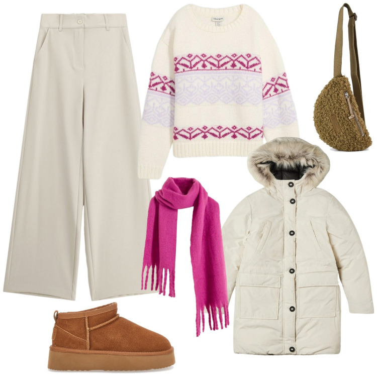 Outfit donna - Atmosfera nordica. Stile Basic per Tutti i giorni. Abbinamento con maglieria, sciarpe, parka, pantaloni a palazzo, marsupi, stivaletti.