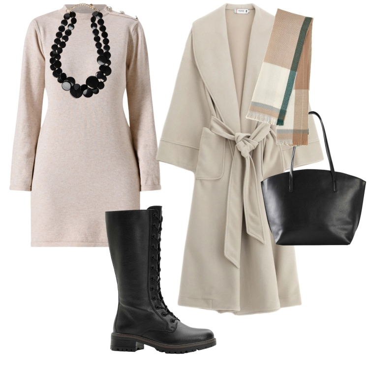 Outfit donna - Stivali a gennaio. per Tutti i giorni. Abbinamento con shopping bag, stivali, cappotti, vestiti corti, sciarpe, collane.