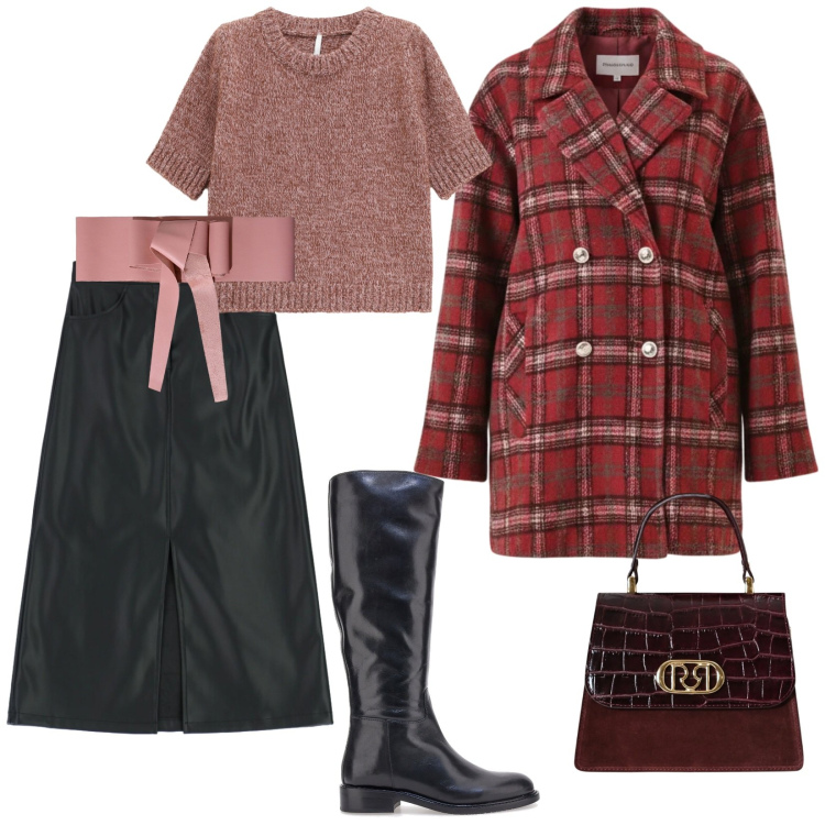 Outfit donna - Stivali a gennaio. per Ufficio. Abbinamento con maglieria, cinture, gonne longuette, cappotti, borse a mano, stivali.
