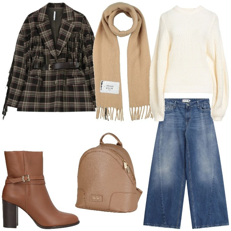 Outfit donna - Total look #2323565. Stile Trendy per Tutti i giorni. Abbinamento con zaini, pullovers, sciarpe, stivaletti, jeans, blazer.