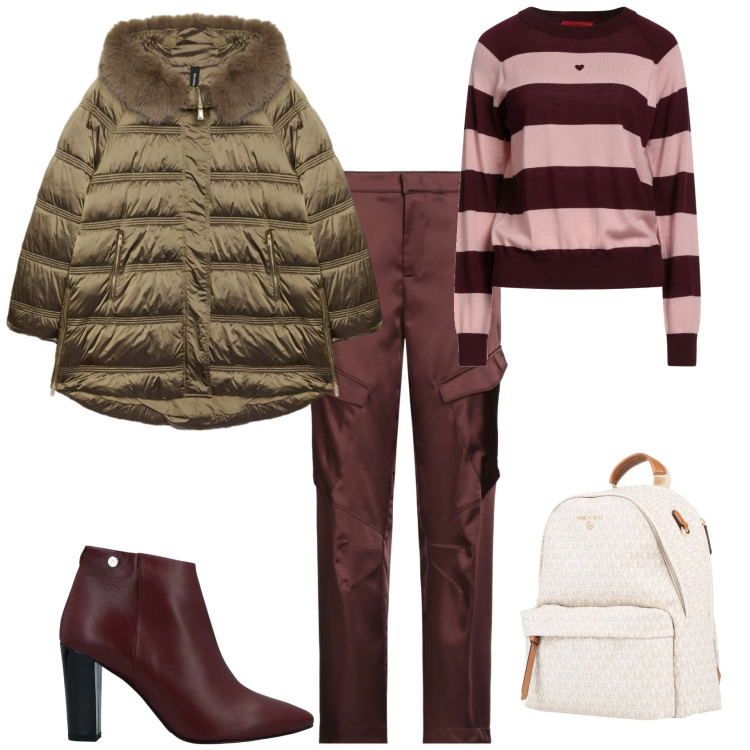 Outfit donna - Casual chic in ufficio. Stile Casual chic per Ufficio. Abbinamento con pantaloni cargo, stivaletti, zaini, pullovers, piumini.